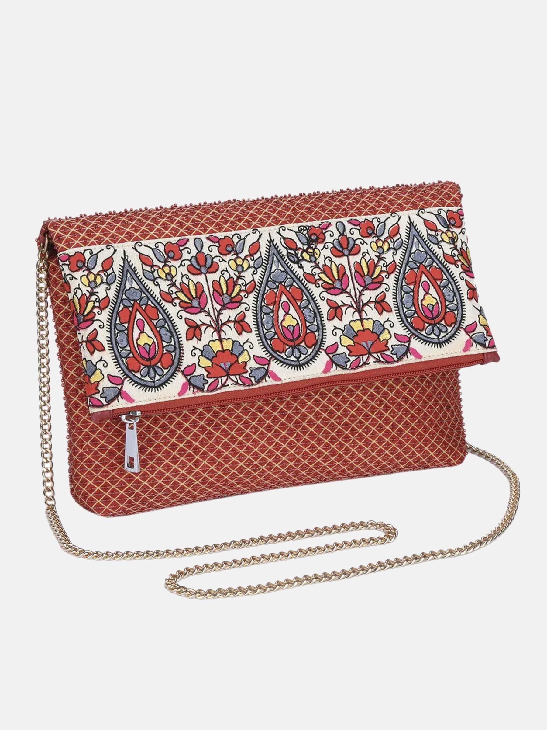 Plum Arri Embroidered Mixed Silk Chosha Purse